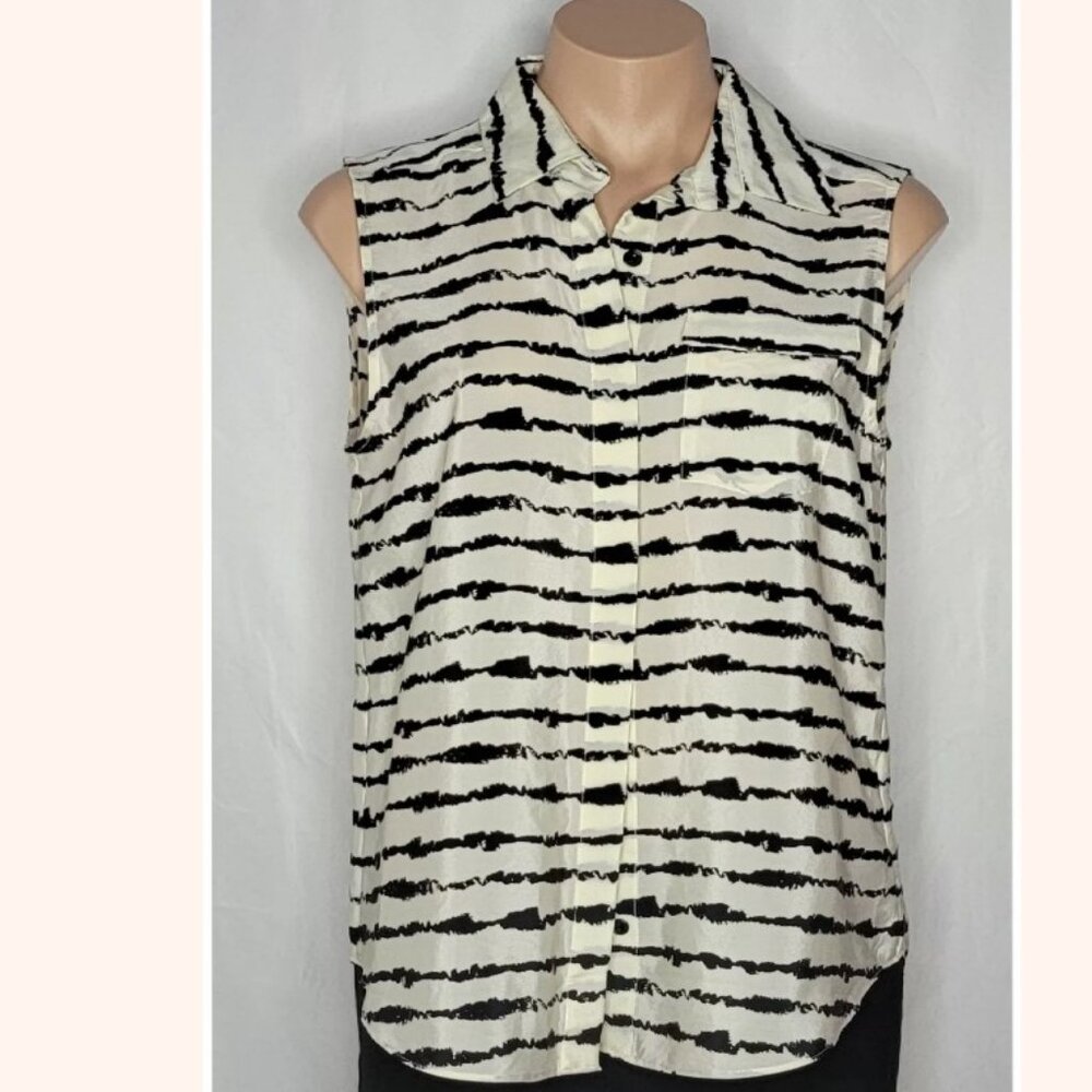 Parker Zebra Striped Cream & Black Sleeveless Silk Blouse with Split Back